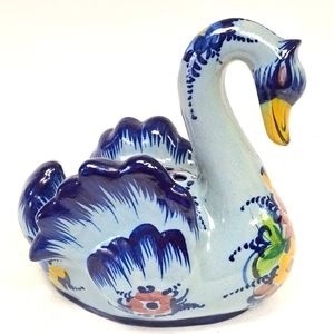 Vintage 8” ceramic signed   handmade Portuguese appetizer/floral swan